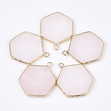 Honeyhandy Natural Rose Quartz Pendants, with Brass Findings, Hexagon, Golden, 30~31x24~25x2~3mm, Hole: 2mm