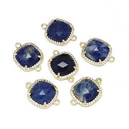 Honeyhandy Natural Sodalite Links connectors, with Golden Tone Brass Findings and Cubic Zirconia, Faceted, Square, Clear, 18.5~19x13.5x4.5mm, Hole: 1.6mm