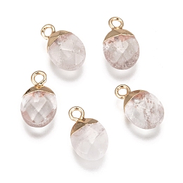 Honeyhandy Electroplate Natural Quartz Crystal Charms, with Iron Findings, Faceted, Oval, Golden, 14~15x8x5~5.5mm, Hole: 1.8mm