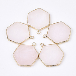 Honeyhandy Natural Rose Quartz Pendants, with Brass Findings, Hexagon, Golden, 30~31x24~25x2~3mm, Hole: 2mm