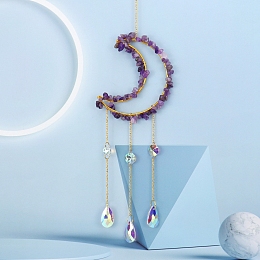 Honeyhandy Glass & Brass Moon Pendant Decorations, Suncatchers, Rainbow Maker, with Chips Amethyst, for Home Decoration, 520mm