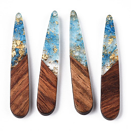 Honeyhandy Transparent Resin & Walnut Wood Pendants, with Gold Foil, Teardrop Charms, Waxed, Cornflower Blue, 44x7.5x3.5mm, Hole: 1.5mm