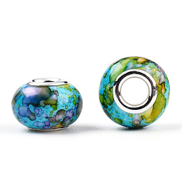 Honeyhandy Opaque Resin European Beads, Imitation Crystal, Two-Tone Large Hole Beads, with Silver Tone Brass Double Cores, Rondelle, Dark Turquoise, 14x9.5mm, Hole: 5mm