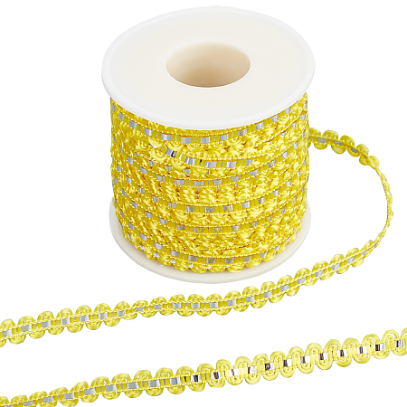 Gorgecraft 25M Metallic Yarn Lace Ribbons, Jacquard Ribbon, Garment Accessories, Yellow, 1/4 inch(8mm)