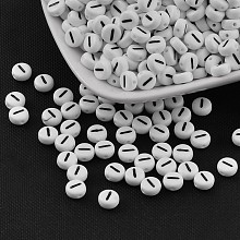 Honeyhandy Flat Round with Letter I Acrylic Beads, with Horizontal Hole, White & Black, Size: about 7mm in diameter, 4mm thick, hole: 1mm