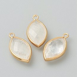 Honeyhandy Natural Quartz Crystal Pendants, with Golden Brass Edge, Faceted, Horse Eye, 22x12x5.5mm, Hole: 1.8mm