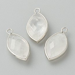 Honeyhandy Natural Quartz Crystal Pendants, with Platinum Brass Edge, Faceted, Horse Eye, 22x12x5.5mm, Hole: 1.8mm