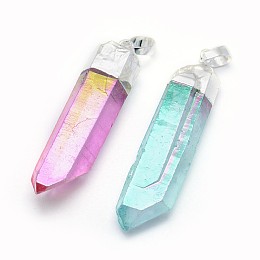 Honeyhandy Faceted Natural Quartz Crystal Pointed Pendants, with Brass Finding, AB Color Plated, Bullet, Silver Color Plated, Mixed Color, 42~49x10~13x8~11mm, Hole: 5x8mm