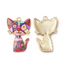 Alloy Enamel Pendants, Cadmium Free & Nickel Free & Lead Free, Golden, Cat Charms, Colorful, 30x19.5x2.5mm, Hole: 2.2mm