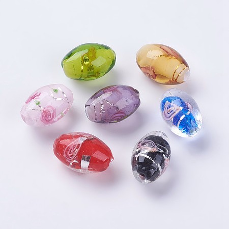 NBEADS Handmade Silver Foil Lampwork Beads, Inner Flower, Rice, Mixed Color, 16~17x11mm, Hole: 1.5mm