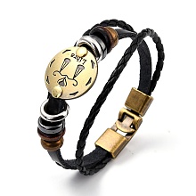 Honeyhandy Braided Leather Cord Retro Multi-strand Bracelets, with Wood Beads, Hematite Beads and Alloy Findings, Flat Round,  Antique Bronze, Libra, 8-1/4 inch(21cm)