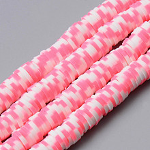 Honeyhandy Handmade Polymer Clay Beads Strands, for DIY Jewelry Crafts Supplies, Heishi Beads, Disc/Flat Round, Hot Pink, 6x0.5~1mm, Hole: 1.8mm, about 320~447pcs/strand, 15.75 inch~16.14 inch(40~41cm)