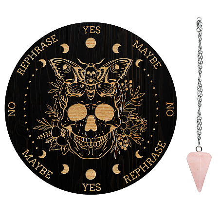 AHANDMAKER 1Pc Cone/Spike/Pendulum Natural Rose Quartz Stone Pendants, 1Pc 304 Stainless Steel Cable Chain Necklaces, 1Pc PVC Custom Pendulum Board, Dowsing Divination Board, Skull Pattern, Board: 200x4mm