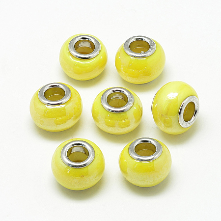 ARRICRAFT Handmade Lampwork European Beads, with Brass Double Cores, Large Hole Beads, Rondelle, Platinum, Yellow, 13~14x10~11mm, Hole: 5mm