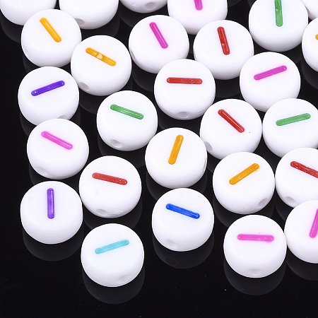 Honeyhandy Initial Acrylic Beads, Horizontal Hole, Flat Round, Mixed Color, Letter.I, 7x3.5~4mm, Hole: 1.2mm, about 370pcs/50g