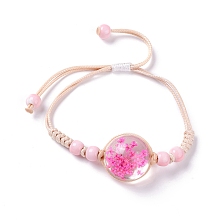 Honeyhandy Handmade Dry Pressed Flower Link Bracelet for Girl Women, Babysbreath Glass Cover Beads Adjustable Bracelet, Fuchsia, Inner Diameter: 5/8~ 3-1/8 inch(1.5~7.9cm)