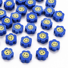 Honeyhandy Handmade Polymer Clay Beads, Flower with Smiling Face, Blue, 9~10x8~9x4~5mm, Hole: 1.4~1.6mm