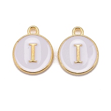 Honeyhandy Golden Plated Alloy Charms, Cadmium Free & Lead Free, with Enamel, Enamelled Sequins, Flat Round with Letter, White, Letter.I, 14x12x2mm, Hole: 1.5mm