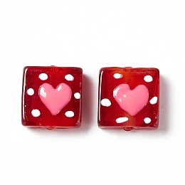 Honeyhandy Handmade Lampwork Beads, Square with Heart Pattern, Crimson, 16x15x6mm, Hole: 1.8mm