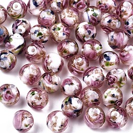 Honeyhandy Handmade Gold Sand Lampwork Beads, Inner Flower, Round, Creamy White, 8x7~8mm, Hole: 1.4mm