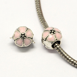 Honeyhandy Alloy Enamel Flower Large Hole Style European Beads, Antique Silver, Lavender Blush, 10x11mm, Hole: 4mm