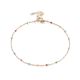 Honeyhandy 304 Stainless Steel Cable Chain Anklets, with Enamel Links, Golden, Colorful, 9 inch(23cm), 1.5~2mm