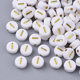 Honeyhandy Plating Acrylic Beads, Golden Metal Enlaced, Horizontal Hole, Flat Round with Alphabet, White, Letter.I, 7x3.5mm, Hole: 1.2mm, about 360pcs/50g