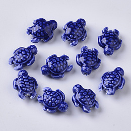 Honeyhandy Handmade Porcelain Beads, Bright Glazed Porcelain Style, Tortoise, Blue, 19x15x8.5mm, Hole: 2mm