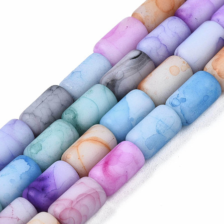 Honeyhandy Opaque Baking Painted Crackle Glass Beads Strands, Frosted, Column, Colorful, 7.5x4.5mm, Hole: 1mm, about 49pcs/strand, 18.31 inch(46.5cm)