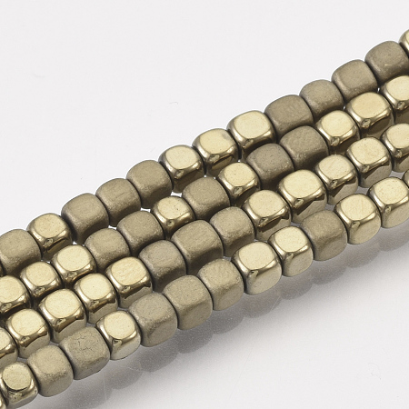 Honeyhandy Electroplate Non-magnetic Synthetic Hematite Bead Strands, with Matte Style, Cube, Light Gold Plated, 3x3x3mm, Hole: 1mm, about 142pcs/strand, 15.7 inch