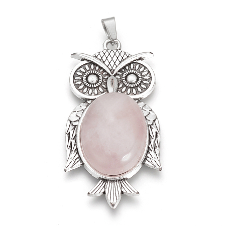 Honeyhandy Natural Rose Quartz Big Pendants, with Alloy Findings, Owl, Antique Silver, 56x27.5x7.5mm, Hole: 3.5x7.5mm