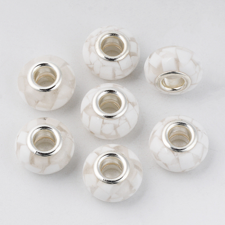 Honeyhandy Resin European Beads, Large Hole Beads, with Platinum Tone Brass Double Cores, Rondelle, Floral White, 14x9mm, Hole: 5mm