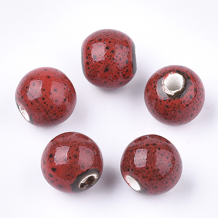 Honeyhandy Handmade Porcelain Beads, Fancy Antique Glazed Porcelain, Round, FireBrick, 10.5~11x9.5mm, Hole: 2.5mm
