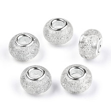 Honeyhandy Epoxy Resin European Beads, Large Hole Beads, with Glitter Powder and Platinum Tone Brass Double Cores, Rondelle, Light Grey, 14x9mm, Hole: 5mm