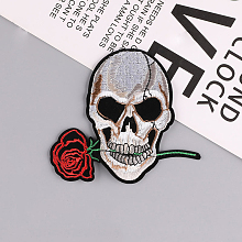 Honeyhandy Skull with Rose Computerized Embroidery Style Cloth Iron on/Sew on Patches, Appliques, Badges, for Clothes, Dress, Hat, Jeans, DIY Decorations, for Halloween, Red, 93x102mm