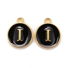 Honeyhandy Golden Plated Alloy Charms, Cadmium Free & Lead Free, with Enamel, Enamelled Sequins, Flat Round with Letter, Black, Letter.I, 14x12x2mm, Hole: 1.5mm