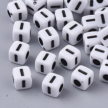 Honeyhandy White Opaque Acrylic Beads, Horizontal Hole, Cube with Black Alphabet, Letter.I, 4~5x4~5x4~5mm, Hole: 1.8mm, about 240pcs/20g