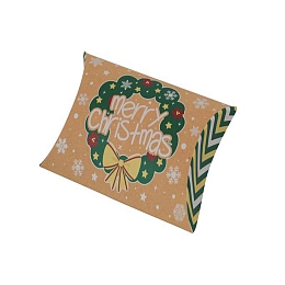 Honeyhandy Christmas Theme Cardboard Candy Pillow Boxes, Cartoon Christmas Wreath Candy Snack Gift Box, Green, Fold: 7.3x11.9x2.6cm