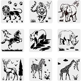 BENECREAT 9PCS Forest Animal Pattern Plastic Drawing Templates 12x12 Inches Tiger Elephant Horse Deer Stencil for Scrabooking Card Making, DIY Wall Floor Decoration