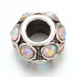 Honeyhandy Rondelle Tibetan Style Alloy Rhinestone European Large Hole Beads, Crystal AB, 11x7mm, Hole: 4.5mm