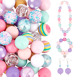 PandaHall Elite 1 Set Mixed Style Acrylic Round Beads Sets, Colorful, 19~20mm, Hole: 2mm, about 50pcs/bag