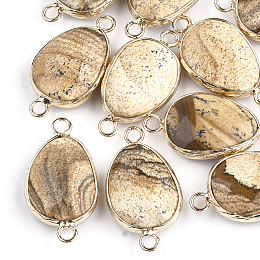 Honeyhandy Natural Picture Jasper Links connectors, with Brass Findings, Nickel Free, Faceted, teardrop, Golden, 27.5x14.5~15x6~6.5mm, Hole: 2mm