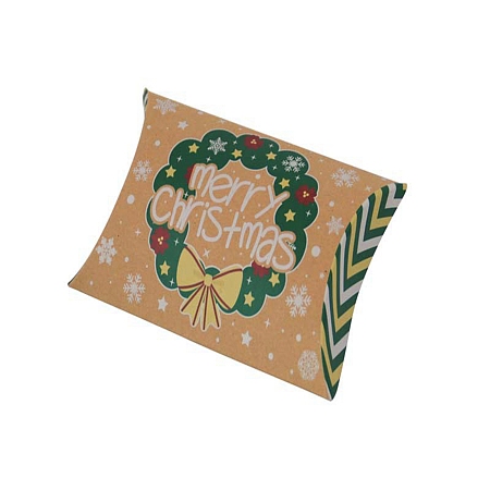 Honeyhandy Christmas Theme Cardboard Candy Pillow Boxes, Cartoon Christmas Wreath Candy Snack Gift Box, Green, Fold: 7.3x11.9x2.6cm