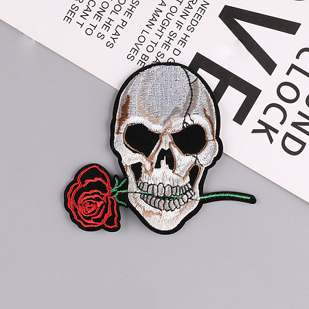 Honeyhandy Skull with Rose Computerized Embroidery Style Cloth Iron on/Sew on Patches, Appliques, Badges, for Clothes, Dress, Hat, Jeans, DIY Decorations, for Halloween, Red, 93x102mm