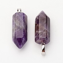 Honeyhandy Brass Natural Amethyst Pendants, Bullet, Platinum, Pointed Pendant, 33~36x12mm, Hole: 5x7mm