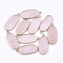 Honeyhandy Natural Rose Quartz Pendants, with Brass Findings, Oval, Golden, 36~37x15~16x3~4mm, Hole: 2mm