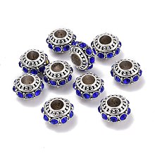 ARRICRAFT Alloy European Beads, with Rhinestone, Large Hole Beads, Rondelle, Antique Golden, Sapphire, 13x7mm, Hole: 5mm