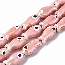 Honeyhandy Handmade Porcelain Ceramic Beads Strands, Bright Glazed Porcelain, Fish, Pink, 19x10x8mm, Hole: 1.5mm, about 17pcs/strand, 12.40 inch(31.5cm)