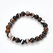 Honeyhandy Natural Striped Agate/Banded Agate Beaded Stretch Bracelets, Dyed, Round, Coconut Brown, 2-1/8 inch(55mm)