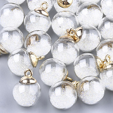 Honeyhandy Glass Ball Pendants, with Micro Beads and CCB Plastic Findings, Round, White, 21x15.5~16mm, Hole: 2mm